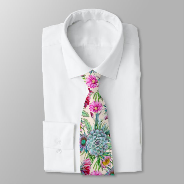 Succulents Echeveria Cactus Flowers Pattern Tie (Tied)