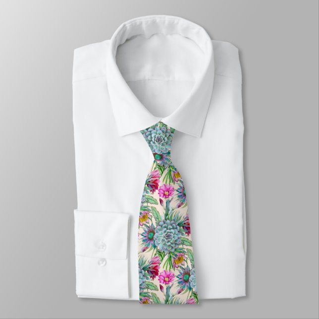 Succulents Echeveria Cactus Flowers Pattern Tie (Tied)