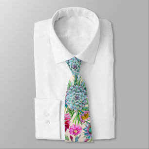 Succulents Echeveria Cactus Flowers Pattern Tie