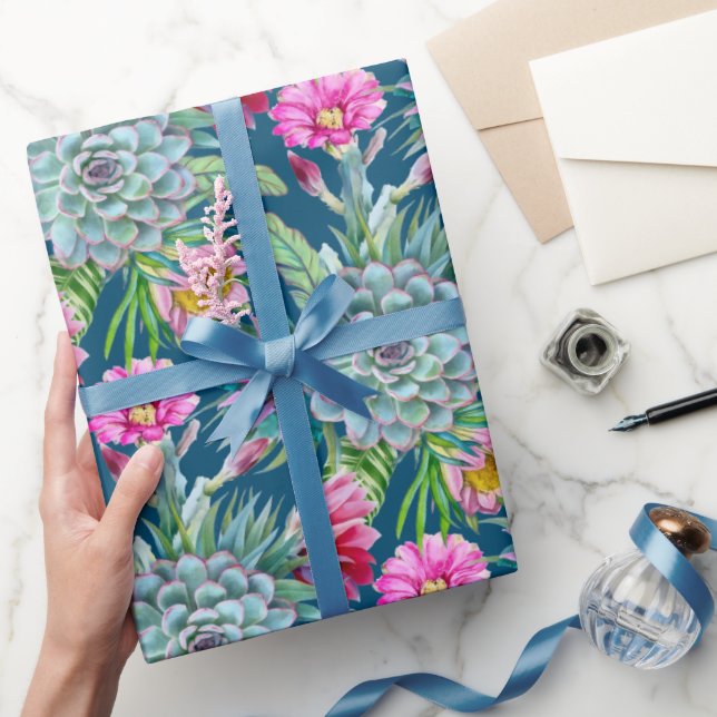 Succulents Echeveria Cactus Flowers Pattern  Wrapping Paper (Gifting)