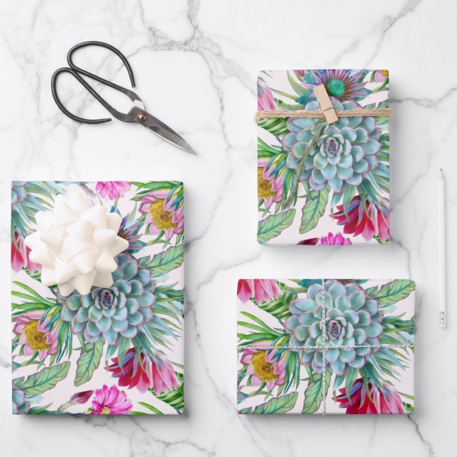 Succulents Echeveria Cactus Flowers Pattern Wrapping Paper Sheet (Front)