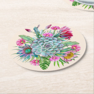 Succulents Echeveria Cactus Flowers Round Paper Coaster
