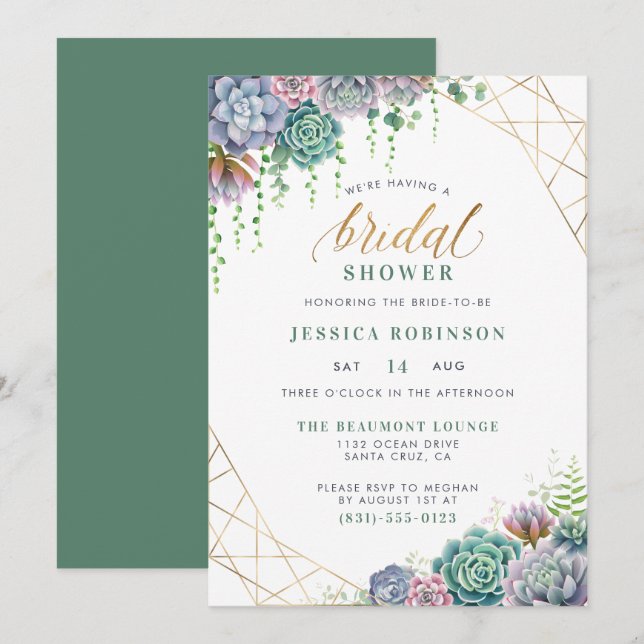 Succulents & Elegant Gold Script Bridal Shower Invitation (Front/Back)