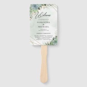 Succulents eucalyptus wedding program hand fan