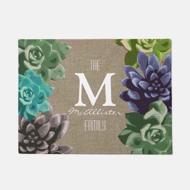 Succulents Faux Burlap - Family Name Doormat (Front)