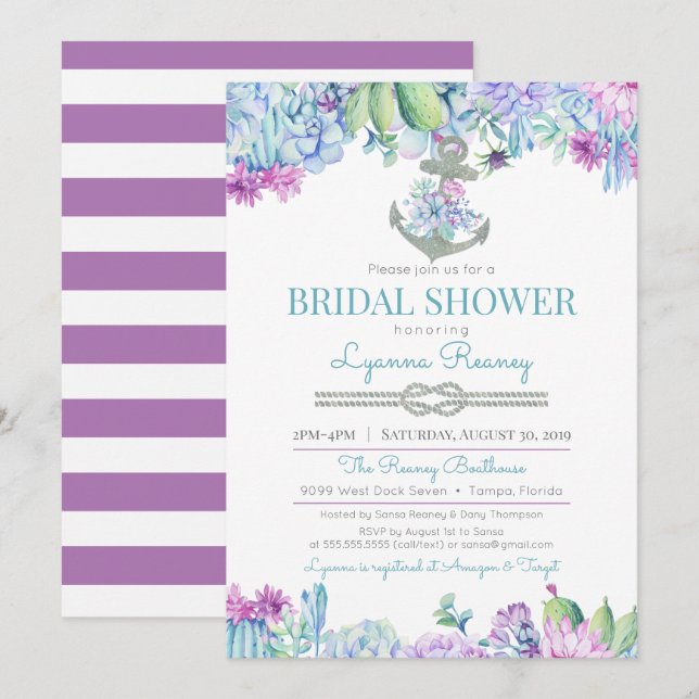 Succulents & Floral Anchor Nautical Bridal Shower Invitation (Front/Back)