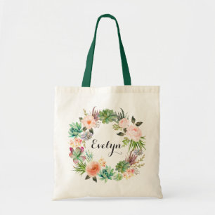 Succulents Floral Blush Peach Greenery Tote Bag