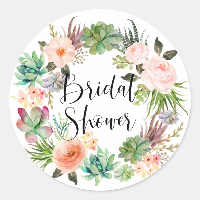 Succulents Floral Boho Wreath Bridal Shower Classic Round Sticker (Front)