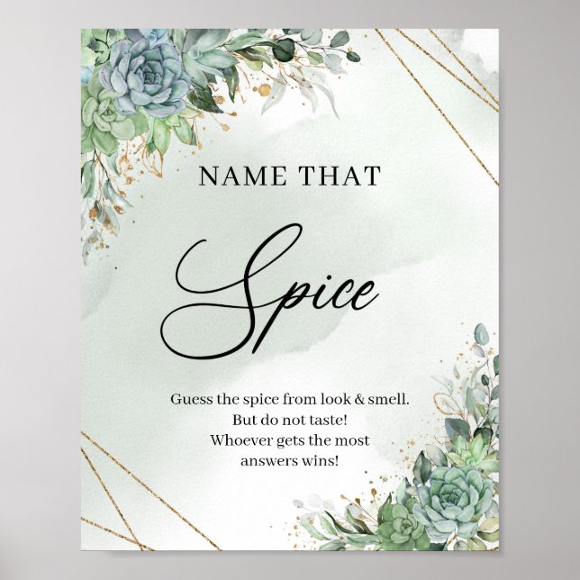 Succulents floral gold Name that Spice game sign (Front)