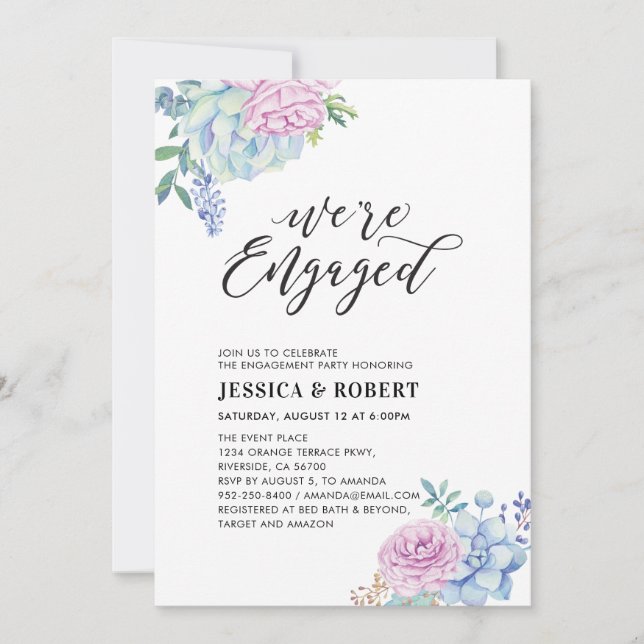 Succulents Flower "We're Engaged" Engagement Party Invitation (Front)