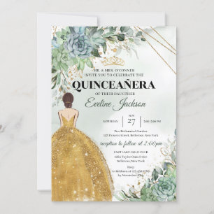 Succulents foliage gold Princess Dress Quinceanera Invitation
