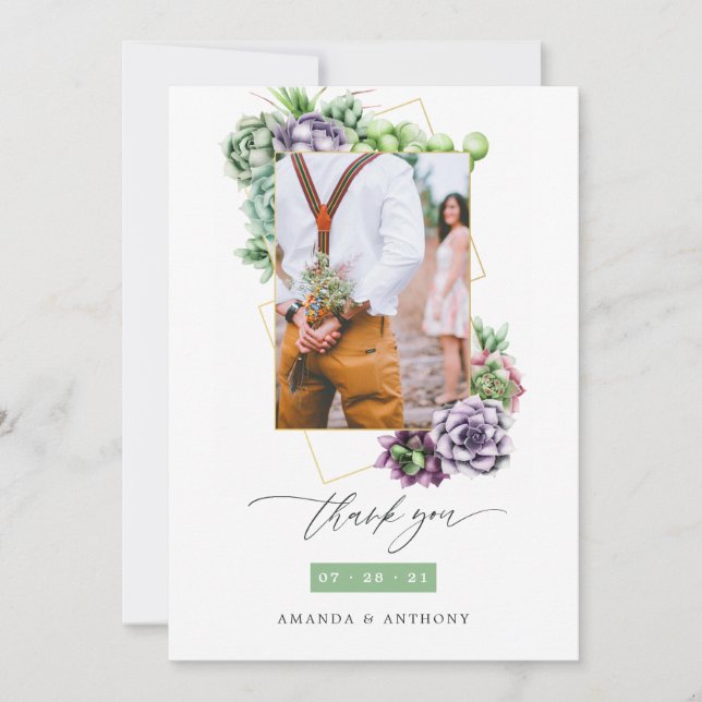 Succulents Geometric Wedding Photo Thank You Card (Front)