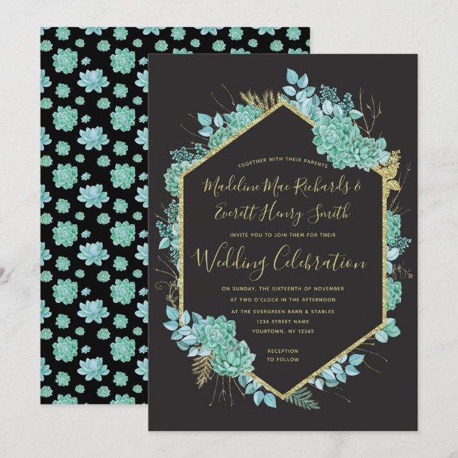 Succulents Gold Frame Any Colour Wedding Invitatio Invitation (Front/Back)