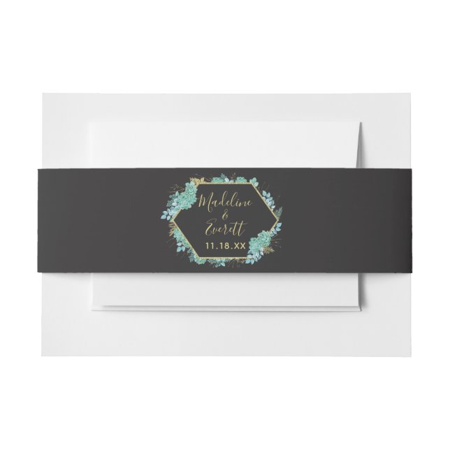 Succulents Gold Frame Any Colour Wedding Monogram Invitation Belly Band (Front Example)