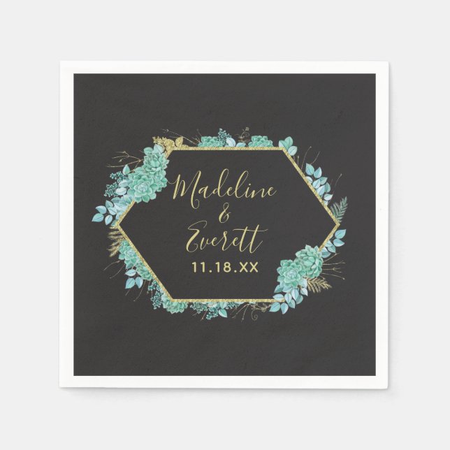 Succulents Gold Frame Any Colour Wedding Monogram Napkin (Front)