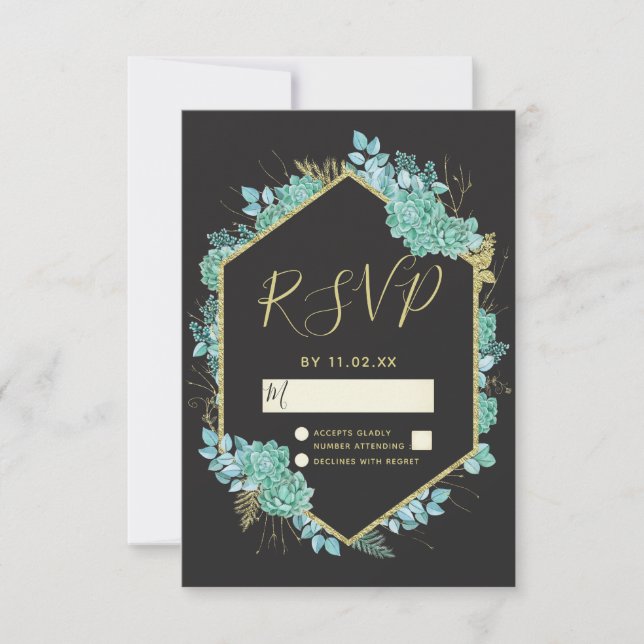 Succulents Gold Frame Any Colour Wedding RSVP (Front)