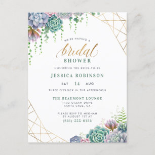 Succulents Gold Frame & Chic Script Bridal Shower Invitation Postcard
