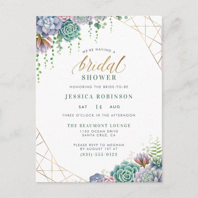 Succulents Gold Frame & Chic Script Bridal Shower Invitation Postcard (Front)