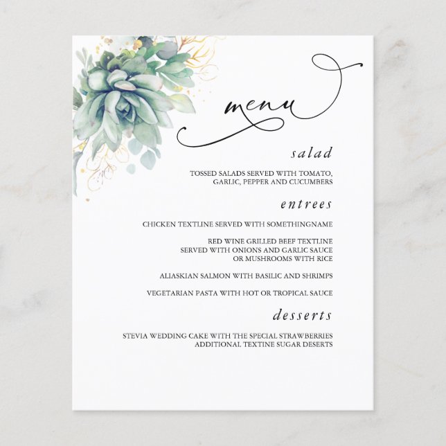 Succulents Gold Greenery Wedding Menu (Front)