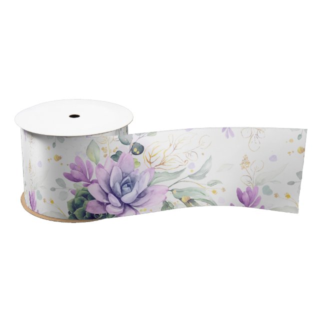 Succulents Gold Leaves Greenery Elegant Botanical  Satin Ribbon (Spool)