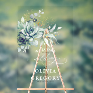 Succulents Gold Leaves Greenery Wedding Welcome Acrylic Sign