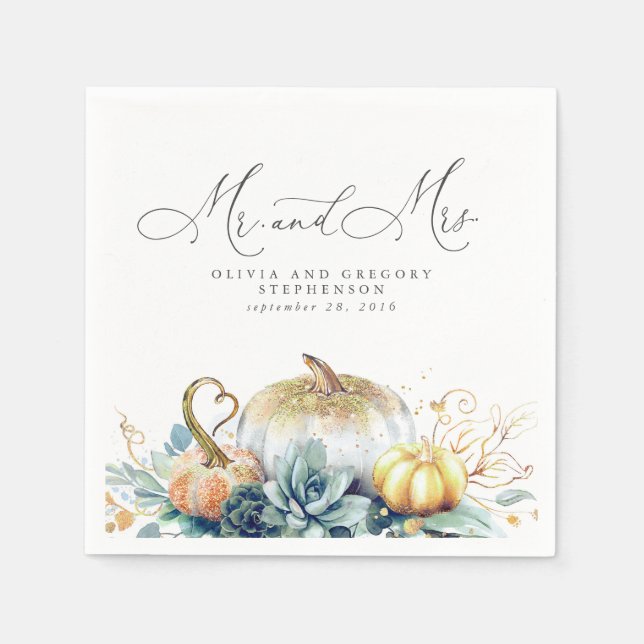 Succulents Gold Pumpkins Fall Wedding Napkin (Front)