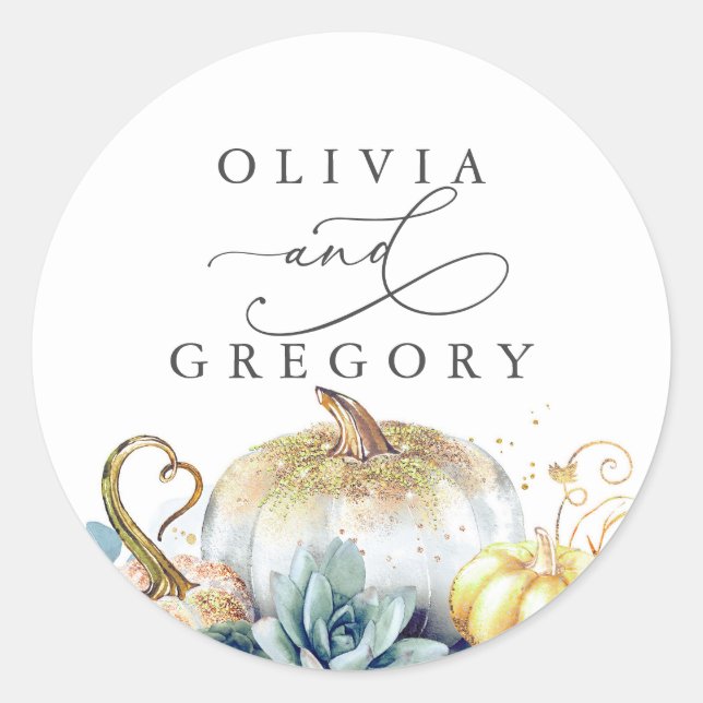 Succulents Gold Pumpkins Greenery Wedding Classic Round Sticker (Front)
