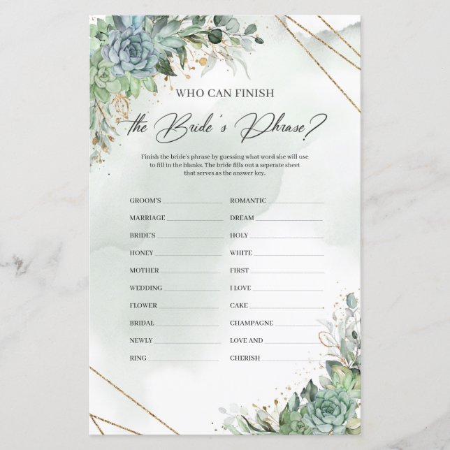 Succulents gold Who can finish the Bride's Phrase (Front)