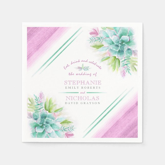 Succulents green pink watercolor custom wedding napkin (Front)
