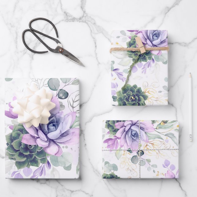 Succulents Greenery and Gold Eucalyptus Leaves Wra Wrapping Paper Sheet (Front)