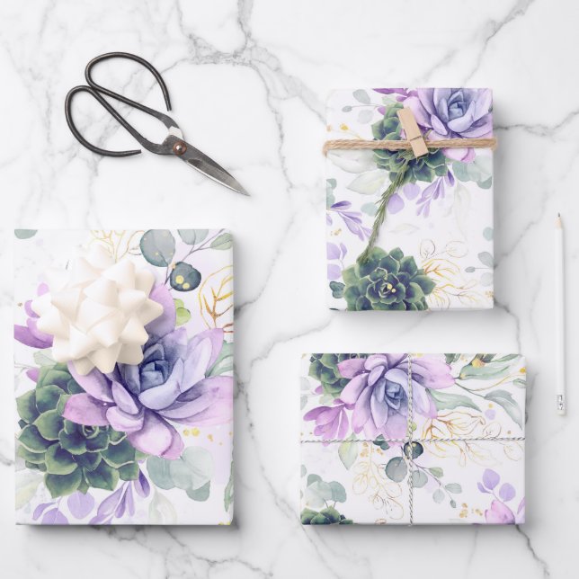 Succulents Greenery and Gold Eucalyptus Leaves Wrapping Paper Sheet (Front)