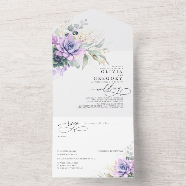 Succulents Greenery and Gold Leaves Wedding All In One Invitation (Inside)