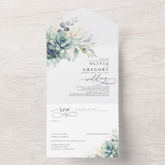 Succulents Greenery and Gold Leaves Wedding All In One Invitation (Inside)