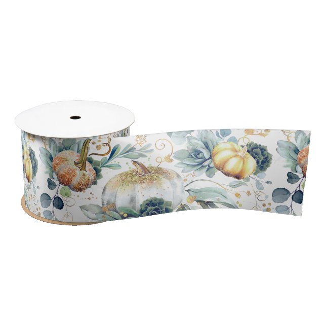 Succulents Greenery and Gold Pumpkins Fall Party Satin Ribbon (Spool)