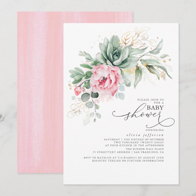 Succulents Greenery and Pink Flowers Baby Shower Invitation (Front/Back)