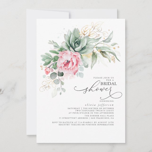 Succulents Greenery and Pink Flowers Bridal Shower Invitation (Front)