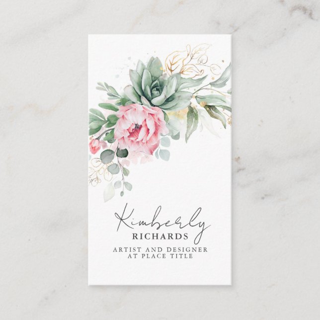 Succulents Greenery and Pink Flowers Elegant Business Card (Front)