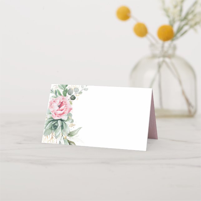 Succulents Greenery And Pink Flowers Elegant Place Card (Front)