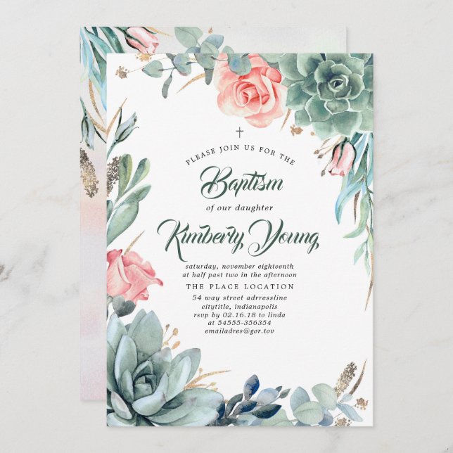 Succulents Greenery and Pink Rose Girl Baptism Invitation (Front/Back)