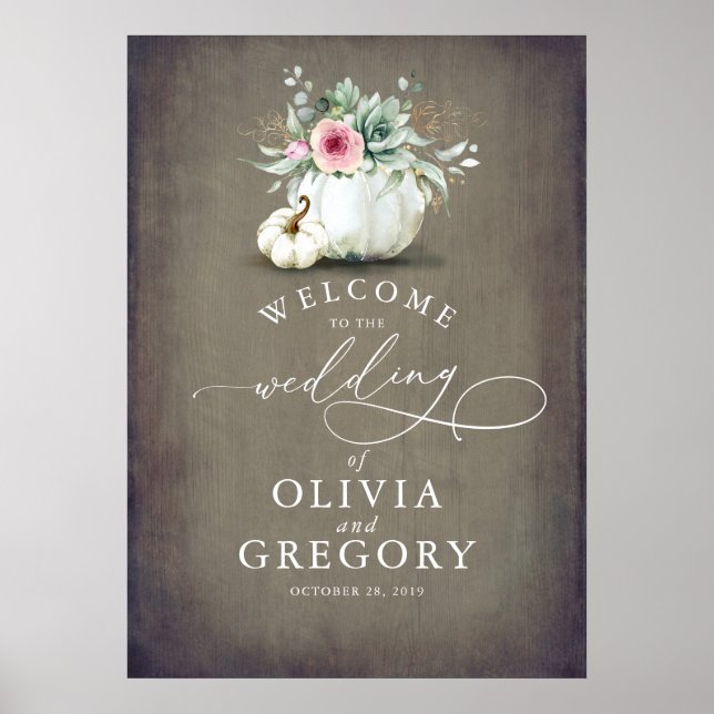 Succulents Greenery and Pumpkins Wedding Welcome Poster (Front)