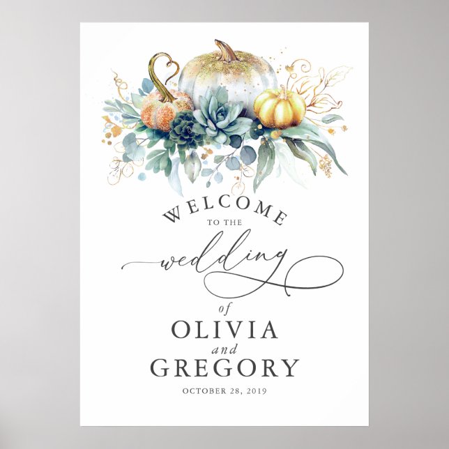 Succulents Greenery and Pumpkins Wedding Welcome Poster (Front)