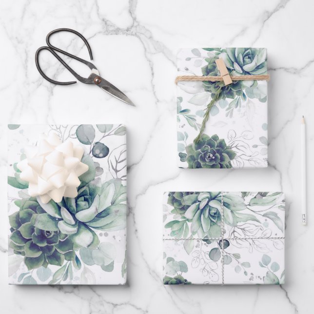 Succulents Greenery and Silver Eucalyptus Leaves Wrapping Paper Sheet (Front)