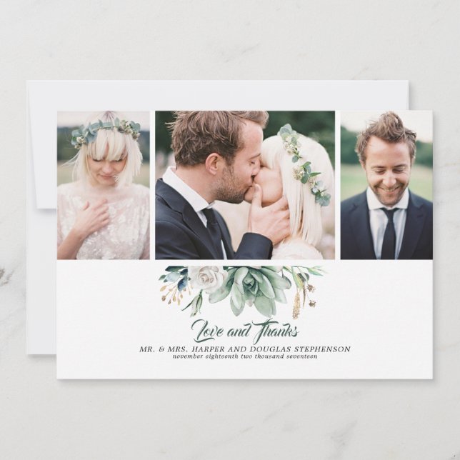 Succulents Greenery and White Rose Wedding Photos Thank You Card (Front)