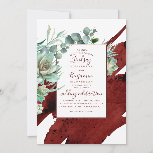 Succulents Greenery Burgundy Red Modern Wedding Invitation (Front)