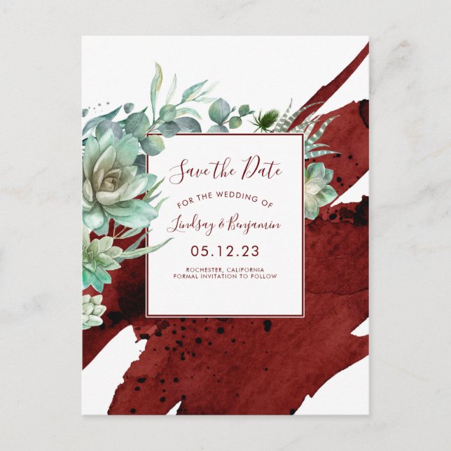Succulents Greenery Burgundy Red Save the Date Announcement Postcard (Front)