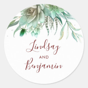 Succulents Greenery Burgundy Red Wedding Classic Round Sticker