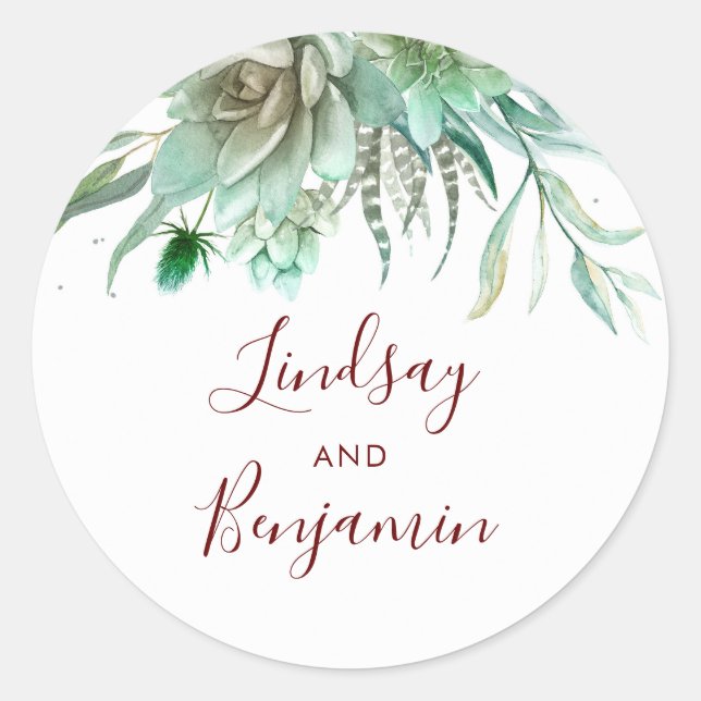 Succulents Greenery Burgundy Red Wedding Classic Round Sticker (Front)