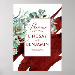 Succulents Greenery Burgundy Red Wedding Poster