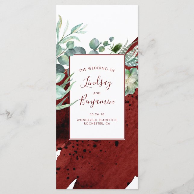 Succulents Greenery Burgundy Red Wedding Programs Programme (Front)