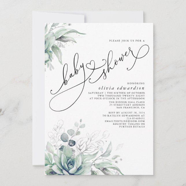Succulents Greenery Cute Elegant Baby Shower Invit Invitation (Front)
